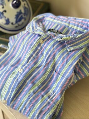 Ralph Lauren Pastel Multi-Stripe Button-Up & draw string pant Pajama Set
